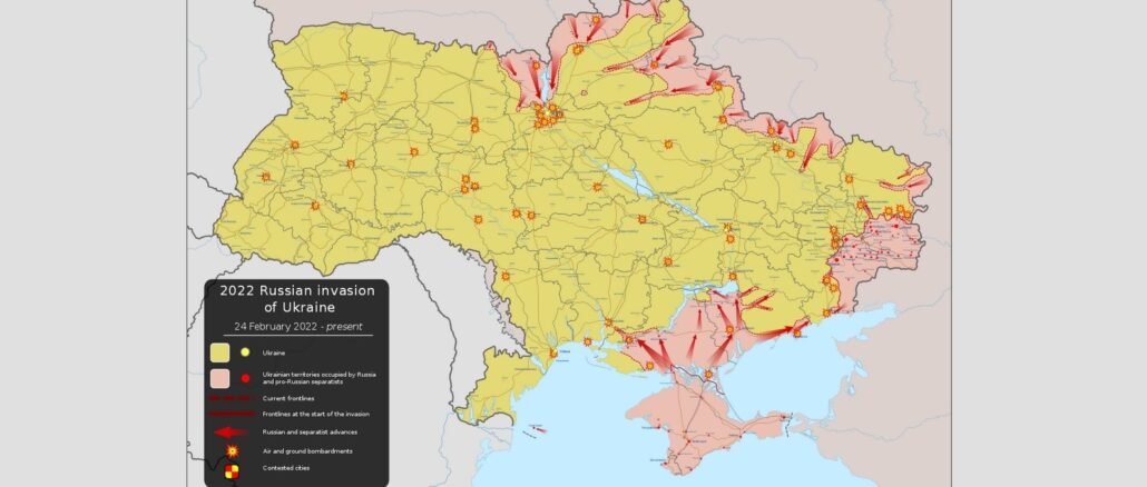 Wikipedia-Karte mit dem nicht ganz aktuellen Frontverlauf in der Ukraine.