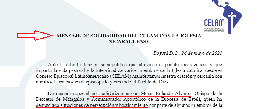 Solidaritätserklärung des Lateinamerikanischen Bischofsrates mit Bischof Álvarez und der Kirche in Nicaragua.