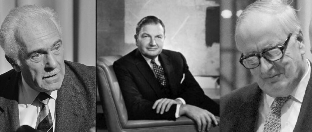 Der Club of Rome wurde 1968 auf Initiative von David Rockefeller (Mitte) von Aurelio Peccei (links) und Alexander King (rechts) gegründet.