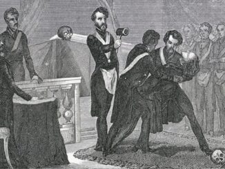 Der Kandidat für den Grad des Freimaurermeisters wird symbolisch erschlagen, wie Hiram Abiff erschlagen wurde. Darstellung des 19. Jahrhunderts.