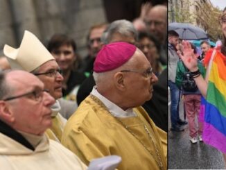 Flanderns Bischöfe haben am 20. September eine Homo-Liturgie eingeführt und berufen sich dabei auf Papst Franziskus. Rechts eine Gotteslästerung im Rahmen einer Gay Pride in Brüssel.