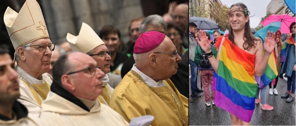 Flanderns Bischöfe haben am 20. September eine Homo-Liturgie eingeführt und berufen sich dabei auf Papst Franziskus. Rechts eine Gotteslästerung im Rahmen einer Gay Pride in Brüssel.