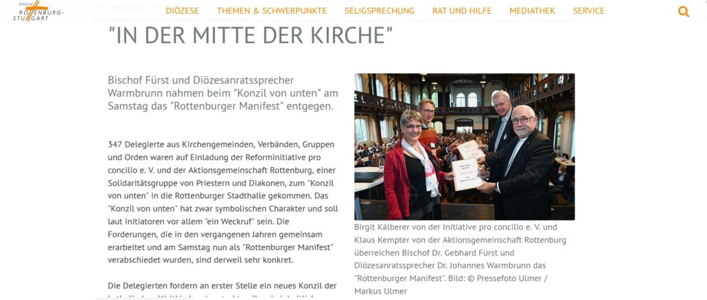 Die Diözese Rottenburg-Stuttgart zelebriert auf ihrer Internetseite das "Rottenburger Manifest" für ein "Konzil von unten". Rechts im Bild Bischof Gebhard Fürst.