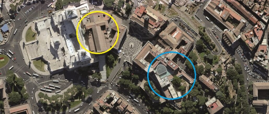 Das Kapitol bildete das heidnische Kultzentrum im alten Rom. Wo seit 1400 Jahren die Marienkirche in Aracoeli steht, befand sich damals ein Junotempel (gelber Kreis). Der blaue Kreis kennzeichnet die Stelle des heidnischen Haupttempels des Jupiter Optimus Maximus.