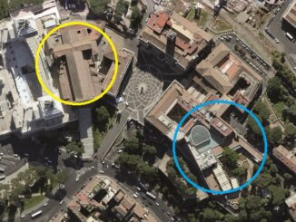 Das Kapitol bildete das heidnische Kultzentrum im alten Rom. Wo seit 1400 Jahren die Marienkirche in Aracoeli steht, befand sich damals ein Junotempel (gelber Kreis). Der blaue Kreis kennzeichnet die Stelle des heidnischen Haupttempels des Jupiter Optimus Maximus.