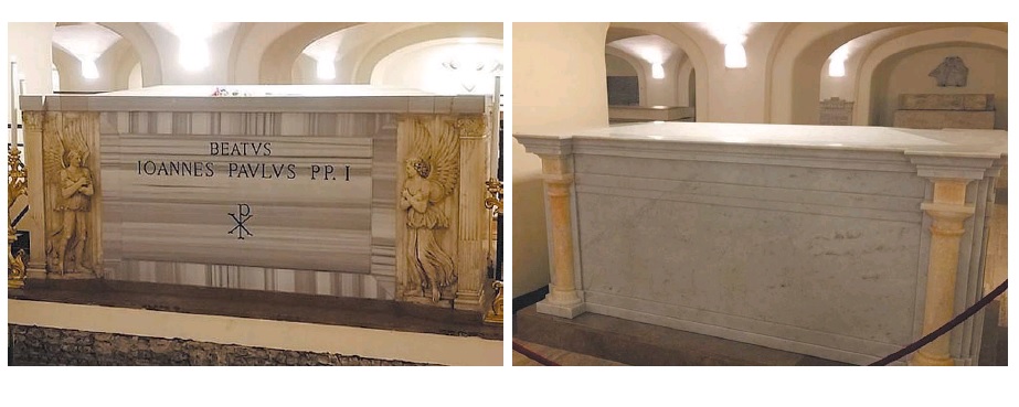 Seit März 2016 steht in den Vatikanischen Grotten ein leerer Sarkophag (rechts). Papst Franziskus hatte ihn in Auftrag gegeben nach dem Vorbild des Sarkophags von Johannes Paul I. – aber für Benedikt XVI.