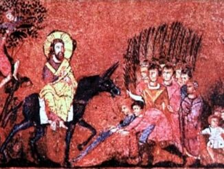 Einzug Jesu in Jerusalem auf einer Eselin (Rossanensis Purpureus Codex, um 550). Die älteste bekannte Darstellung dieser Szene stammt aus dem Jahr 359.