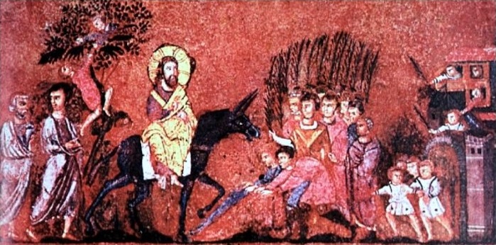 Einzug Jesu in Jerusalem auf einer Eselin (Rossanensis Purpureus Codex, um 550). Die älteste bekannte Darstellung dieser Szene stammt aus dem Jahr 359.