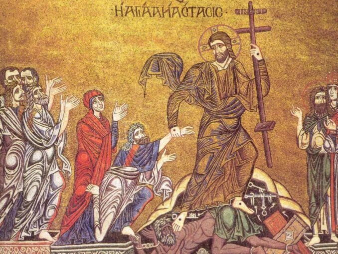 "Die Gräber öffneten sich und die Leiber vieler Heiligen, die entschlafen waren, wurden auferweckt. Nach der Auferstehung Jesu verließen sie ihre Gräber, kamen in die Heilige Stadt und erschienen vielen" (Mt 27, 52–53). Das Anastasis-Mosaik im Markusdom von Venedig zeigt, wie Jesus Adam und Eva aus den Gräbern holt, unter seinen Füßen liegt der besiegte Tod.