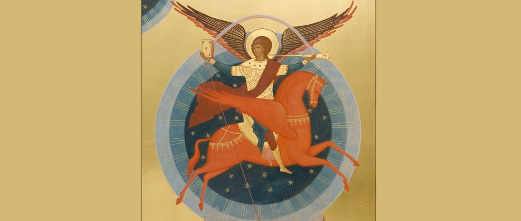 Darstellung des Erzengels Michaels in einer apokalyptischen Szenerie: Auf Gottes Geheiß hat der heilige Erzengel Michael den gefallenen Geist in die Hölle gestoßen.