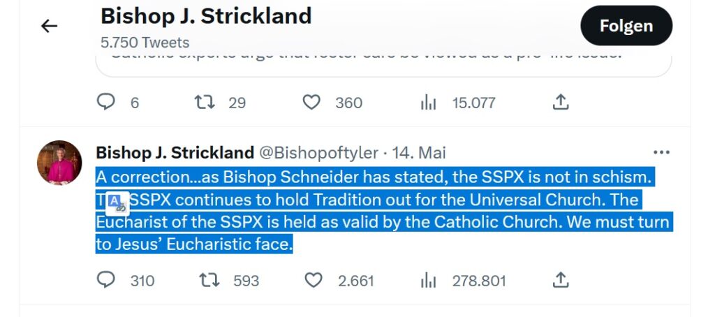 Bischof Strickland zur Priesterbruderschaft St. Pius X. (FSSPX)