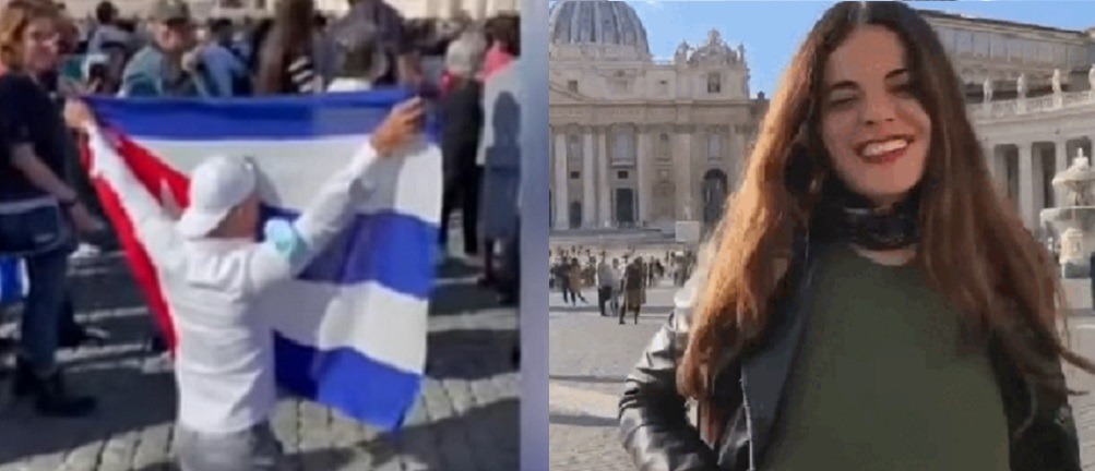 Zwei Momente auf dem Petersplatz, zwei Handlungsweisen der Sicherheitskräfte: links ein junger Kubaner, rechts eine junge Frau