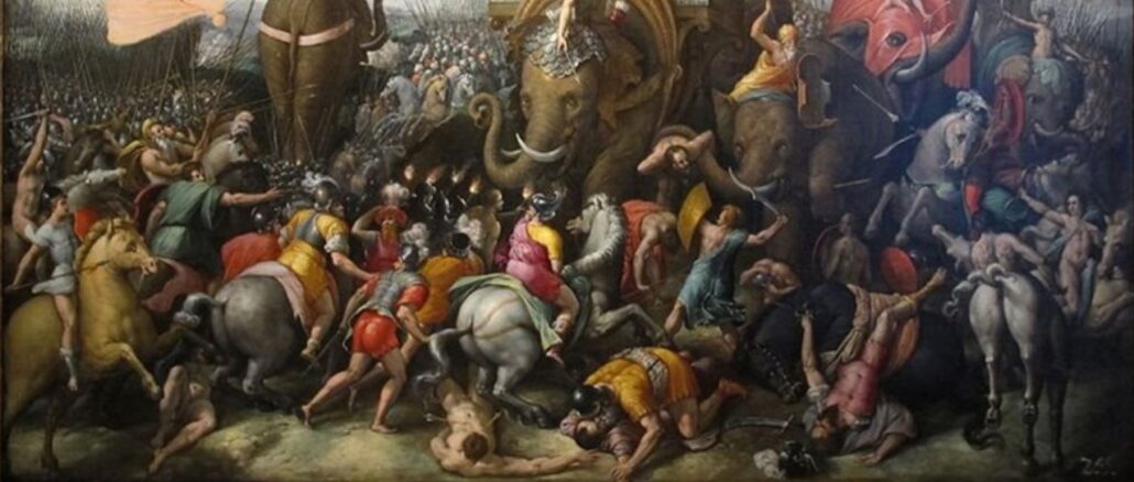 Schlacht von Zama (heute Tunesien) zwischen Rom und Karthago im Zweiten Punischen Krieg (Ölgemälde des 16. Jahrhunderts)
