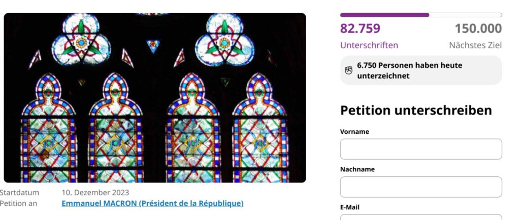 Onlinepetition für den Erhalt der Glasfenster von Viollet-le-Duc, Stand 15.12.2023
