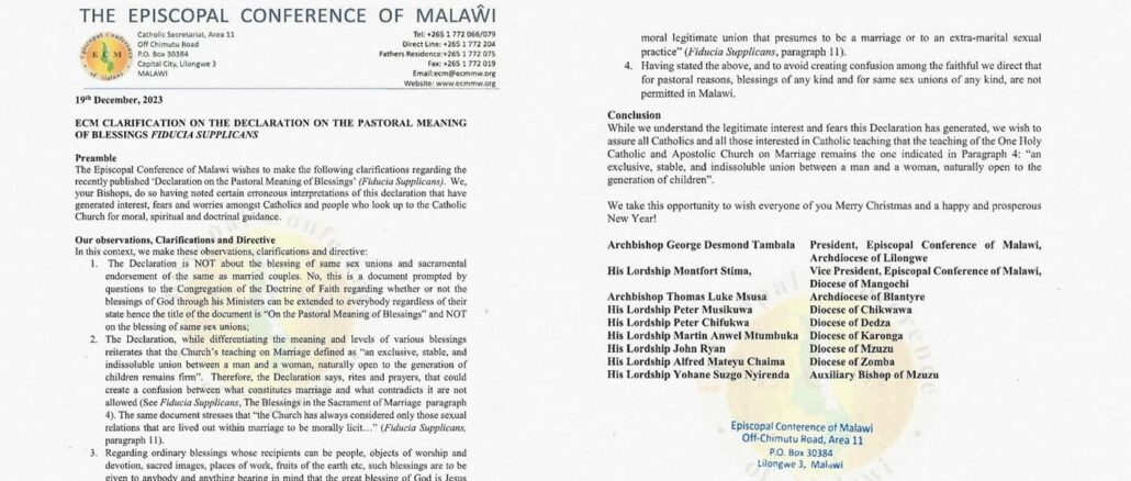 Die Bischöfe Malawis reagierten prompt auf die römische Skandalerklärung Fiducia supplicans: In ihrem Land wird es auch weiterhin keine Homo-Segnungen geben, und sie schärfen ein, daß Homosexualität eine schwere Sünde ist.