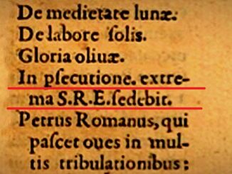 Eine der ältesten gedruckten Ausgaben der Papstweissagungen des Malachias. Die Stelle von jenem auf dem Stuhl Petri zwischen Gloria olivae und Petrus Romanus.
