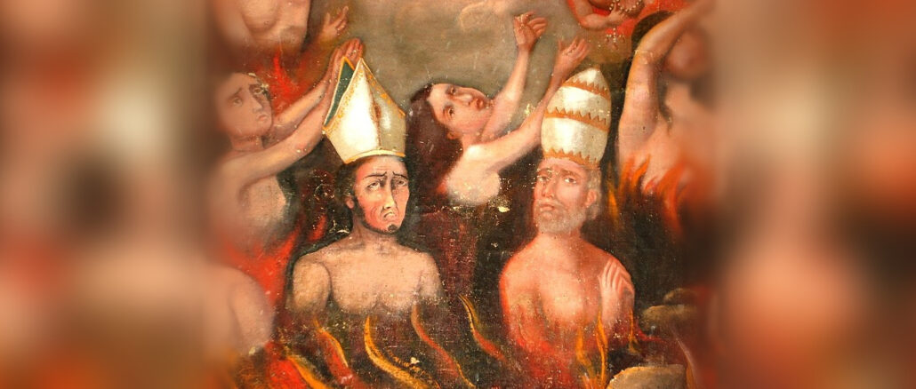 "Bischof und Papst in der Hölle", Darstellung aus dem späten 18. Jahrhundert in der Kirche del Señor del Llanito in Dolores Hidalgo im Staat Guanajuato rund 270 km nordwestlich von Mexiko-Stadt.