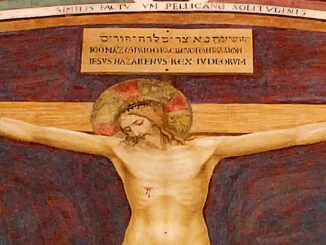 Der dreisprachige Titulus über dem gekreuzigten Jesus. Fresko des Dominikaners Beato Angelico 1441/42, Florenz