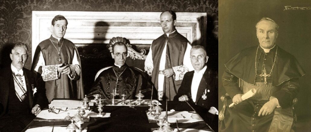 1933 unterzeichnete Kardinalstaatssekretär Pacelli, der spätere Papst Pius XII., das Konkordat mit dem Deutschen Reich. Rechts im Bild Kardinal Faulhaber. Das sind die drei Elemente der instrumentalisierten Kritik von linker Seite gegen die Kirche, die man in den NS-Topf eintunken will.