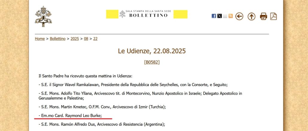 Kardinal Raymond Burke wurde heute von Papst Leo XIV. in Privataudienz empfangen