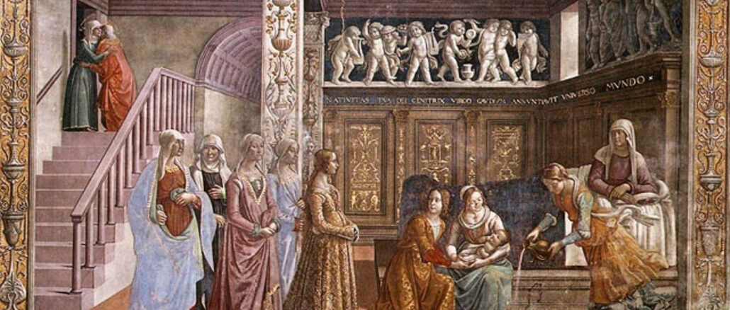 Die Geburt der Jungfrau Maria von Domenico Ghirlandaio (1486–1490) Die Geburt der Jungfrau Maria von Domenico Ghirlandaio (1486–1490)