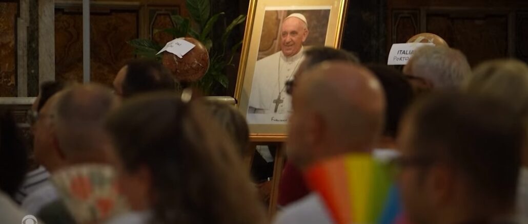 Heilige Jahr des "Homo-Stolzes": Bild von Franziskus beim Homo-Gottesdienst in der römischen Jesuitenkirche Il Gesù am 6. September 2025. Das größte Sakrileg folgte darauf... Heilige Jahr des "Homo-Stolzes": Bild von Franziskus beim Homo-Gottesdienst in der römischen Jesuitenkirche Il Gesù am 6. September 2025. Das größte Sakrileg folgte darauf...