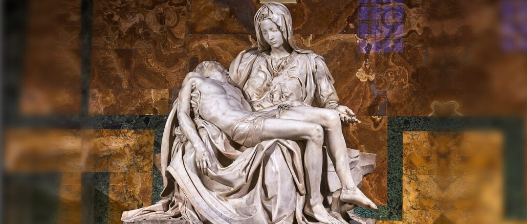 In stiller Erhabenheit thront Michelangelos Pietà im Petersdom als ergreifendes Zeugnis von Schmerz, Liebe und göttlicher Schönheit. Erscheint sie auch als stille Miterlöserin – ihr Schmerz als teilnehmende Hingabe, ihr Schweigen als Echo des Erlösungsgeheimnisses? In stiller Erhabenheit thront Michelangelos Pietà im Petersdom als ergreifendes Zeugnis von Schmerz, Liebe und göttlicher Schönheit. Erscheint sie auch als stille Miterlöserin – ihr Schmerz als teilnehmende Hingabe, ihr Schweigen als Echo des Erlösungsgeheimnisses?