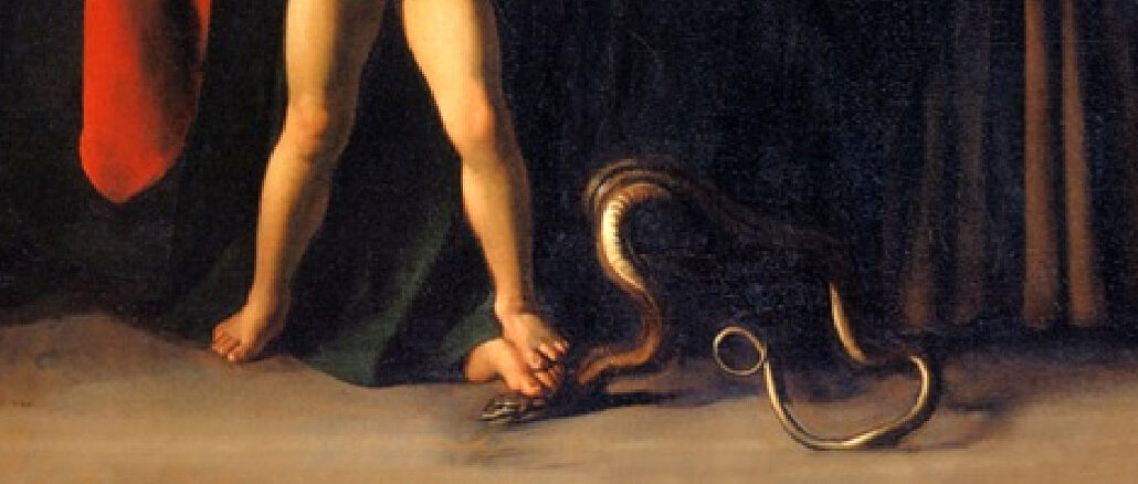 Die Mitwirkung Mariens am Erlösungswerk Jesu Christi, dargestellt von Caravaggio in seinem Werk "La Madonna dei Palafrenieri", gemalt 1606 für den Altar dieser Erzbruderschaft im Vatikan (heute Galleria Borghese, Rom).