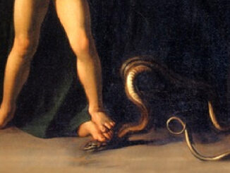 Die Mitwirkung Mariens am Erlösungswerk Jesu Christi, dargestellt von Caravaggio in seinem Werk "La Madonna dei Palafrenieri", gemalt 1606 für den Altar dieser Erzbruderschaft im Vatikan (heute Galleria Borghese, Rom).