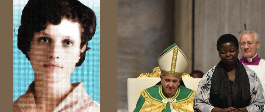 Papst Franziskus sprach sich mehrfach gegen den marianischen Titel der "Miterlöserin" aus, dabei spielten zwei Frauen in seinem Pontifikat eine Rolle, die Orden angehörten, die nach der Miterlöserin benannt sind: rechts Sr. Rita Mboshu Kongo, links die Dienerin Gottes Rosa Staltari