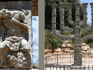 Auf der großen Menora der Knesset (rechts) ist auf einem Arm auch der "Messias" Bar Kochba dargestellt (links)