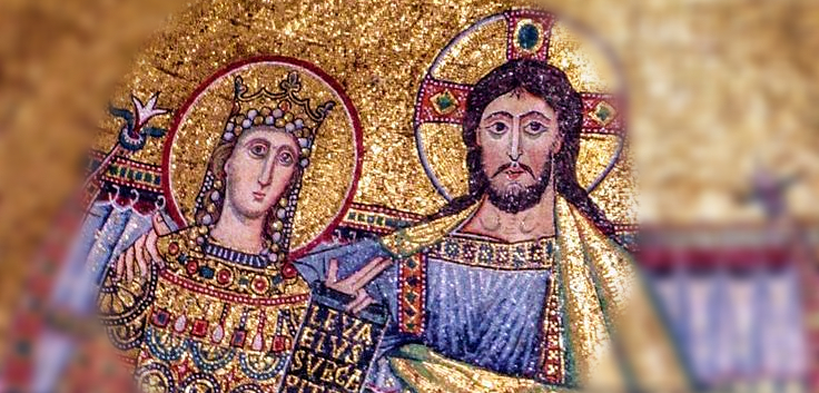 Mosaik der römischen Basilika Santa Maria in Trastevere, der ersten und ältesten öffentlichen Kirche Roms mit einem besonderen Detail: Christus sitzt nicht nur mit Maria auf einem gemeinsamen Thron, sondern legt Seine recht Hand um die Gottesmutter, während diese mit ihrer Hand auf ihren Sohn verweist.