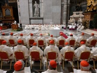 Papst Leo XIV. mit den zum Konsistorium versammelten Kardinälen am Cathedra-Altar