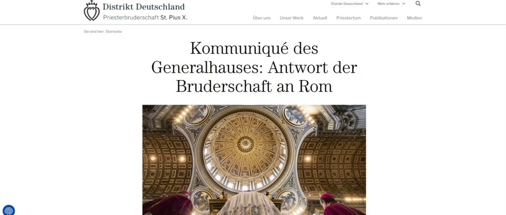 Die Piusbruderschaft veröffentlichte heute ihre angekündigte Antwort an das Glaubensdikasterium