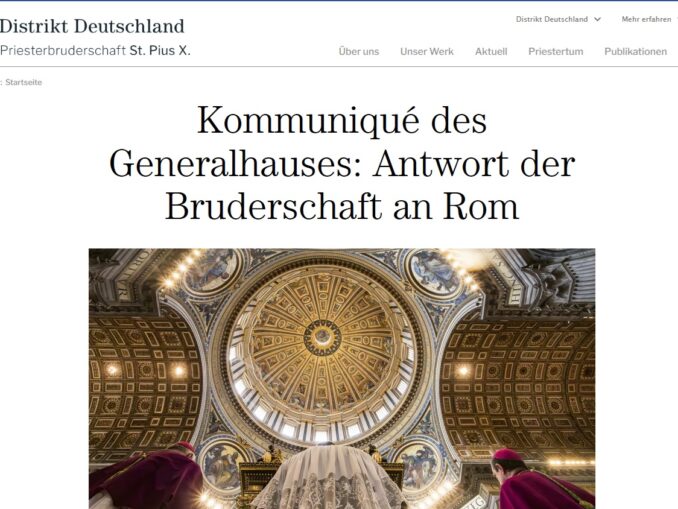 Die Piusbruderschaft veröffentlichte heute ihre angekündigte Antwort an das Glaubensdikasterium