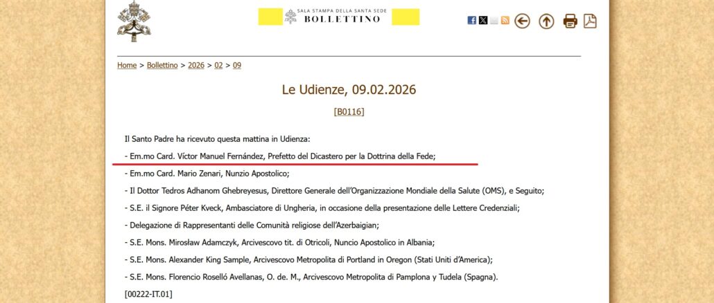 Glaubenspräfekt Tucho Fernández wurde heute von Leo XIV. in Audienz empfangen. Am Donnerstag wird er mit dem Generaloberen der Piusbruderschaft zusammentreffen, um über die angekündigten Bischofsweihen zu sprechen