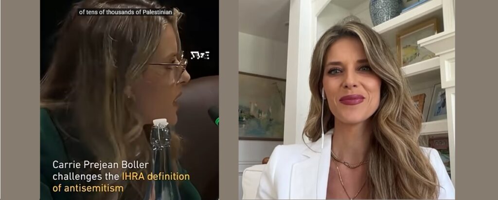Carrie Prejean Boller links in der Kommission für Religionsfreiheit der USA am 9. Februar, als sie Kritik am Zionismus wagte, und gestern in dem Interview von Piers Morgan, als sie Trumps MAGA-Bewegung für tot erklärte.