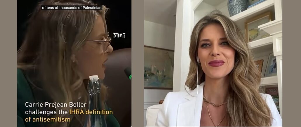 Carrie Prejean Boller links in der Kommission für Religionsfreiheit der USA am 9. Februar, als sie Kritik am Zionismus wagte, und gestern in dem Interview von Piers Morgan, als sie Trumps MAGA-Bewegung für tot erklärte.