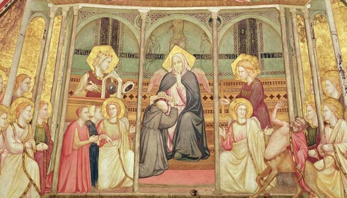 Der Gehorsam, dargestellt von Giotto in der Unterkirche der Basilika des heiligen Franziskus in Assisi