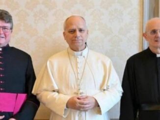 Papst Leo XIV. mit Msgr. Orlita (Vorsitzender) und P. Bamonte (Stellvertreter) von der Internationalen Exorzistenvereinigung