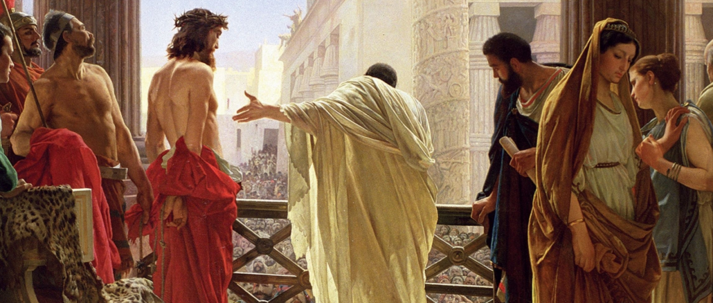 Pilatus läßt die jüdischen Volksmenge entscheiden, ob Jesus oder Barabbas freigelassen werden soll. Die jüdischen Führer forderten die Hinrichtung des Messias von Pilatus allein deshalb, weil die Römer ihnen Hinrichtungen verboten hatten. Andernfalls wäre Jesus zu diesem Zeitpunkt wohl schon tot gewesen