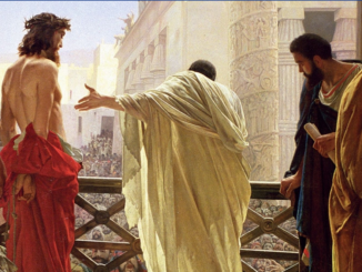 Pilatus läßt die jüdischen Volksmenge entscheiden, ob Jesus oder Barabbas freigelassen werden soll. Die jüdischen Führer forderten die Hinrichtung des Messias von Pilatus allein deshalb, weil die Römer ihnen Hinrichtungen verboten hatten. Andernfalls wäre Jesus zu diesem Zeitpunkt wohl schon tot gewesen