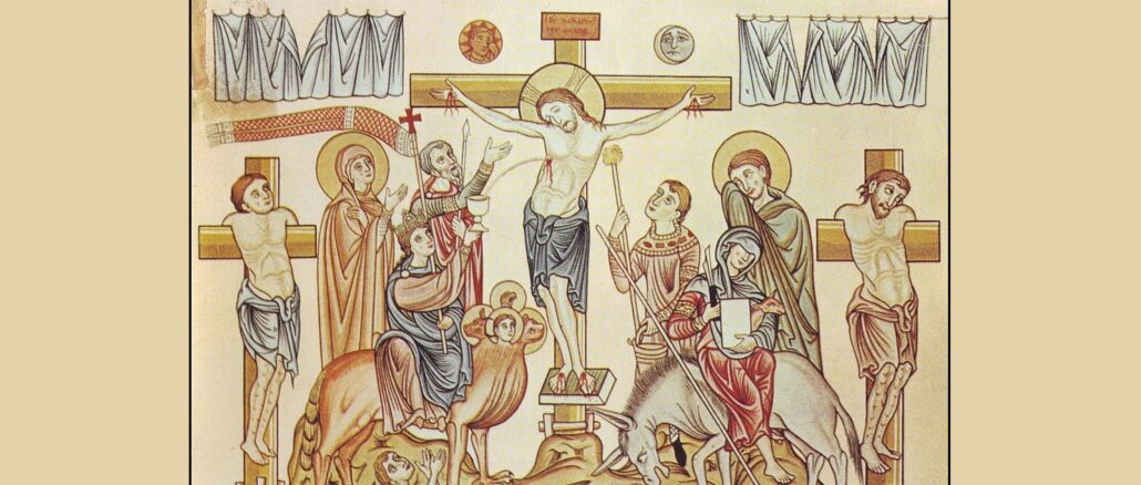 Darstellung des zerrissenen Vorhangs (oben links und rechts), der das wahre Allerheiligste sichtbar macht. Illustration von Herrad von Landsberg, Äbtissin von Hohenburg im Elsaß (12. Jahrhundert).