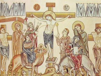 Darstellung des zerrissenen Vorhangs (oben links und rechts), der das wahre Allerheiligste sichtbar macht. Illustration von Herrad von Landsberg, Äbtissin von Hohenburg im Elsaß (12. Jahrhundert).