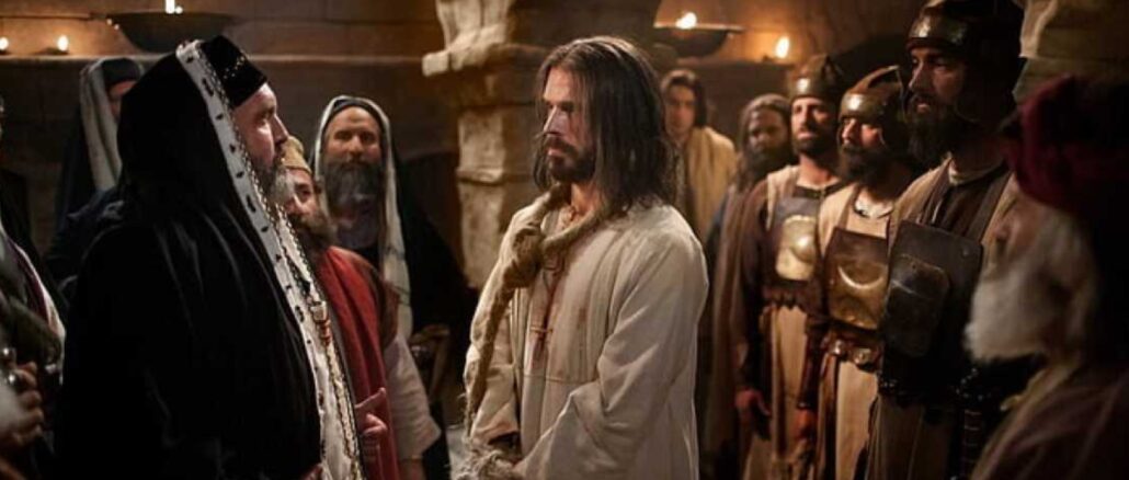 Jesus wird vom Sanhedrin, dem höchsten jüdischen gesetzgebenden, religiösen und richterlichen Gremium im antiken Israel, zum Tode verurteilt.