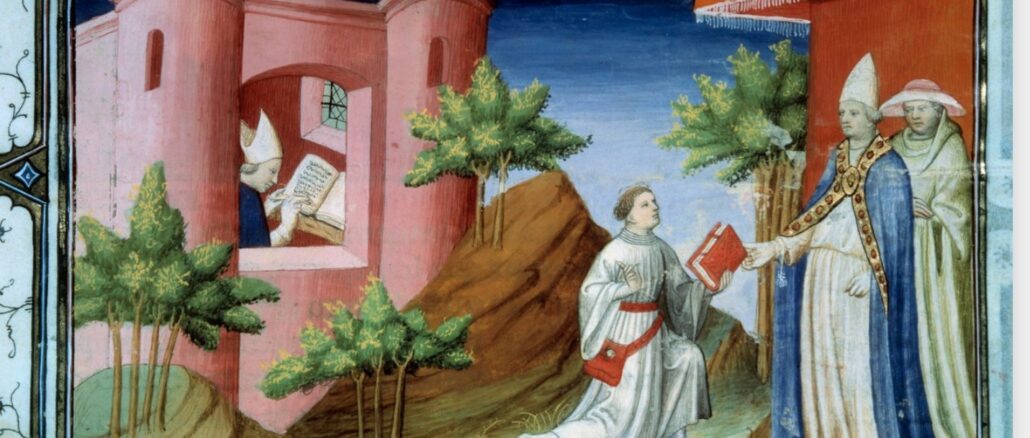 Papst Julius I. nimmt zur Zeit des Konzils von Sardica (343) von einem Boten eine Botschaft des hl. Athanasius, Patriarch von Alexandria, entgegen, der damals gerade gebannt war. In diesem Schreiben erklärt Athanasius (im Bild links im Gebäude zu sehen) seinen Widerstand. Sardica ist das heute Sofia in Bulgarien.