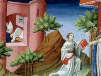 Papst Julius I. nimmt zur Zeit des Konzils von Sardica (343) von einem Boten eine Botschaft des hl. Athanasius, Patriarch von Alexandria, entgegen, der damals gerade gebannt war. In diesem Schreiben erklärt Athanasius (im Bild links im Gebäude zu sehen) seinen Widerstand. Sardica ist das heute Sofia in Bulgarien.