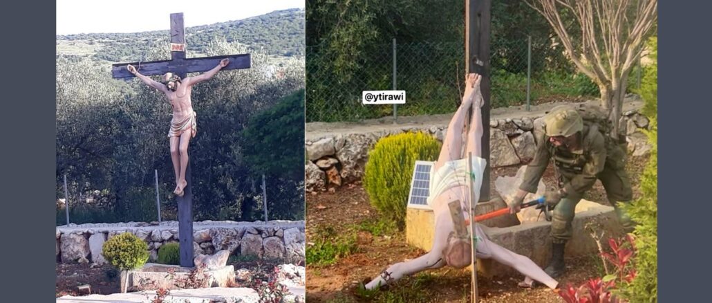 Die Echtheit des schockierenden Vorfalls wurde von der israelischen Armee bestätigt. Ein israelischer Soldat zerstörte im Südlibanon ein Kruzifix und ließ sich dabei photographieren, wie er mit einer Axt auf das Gesicht des gekreuzigten Jesus Christus einschlägt. Israels Regierung entschuldigte sich.