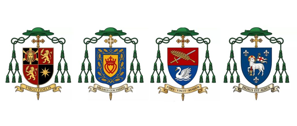 Von links die Wappen der neuen Bischöfe Pascal Schreiber, Michael Goldade, Michel Poinsinet de Sivry und Marc Hanappier