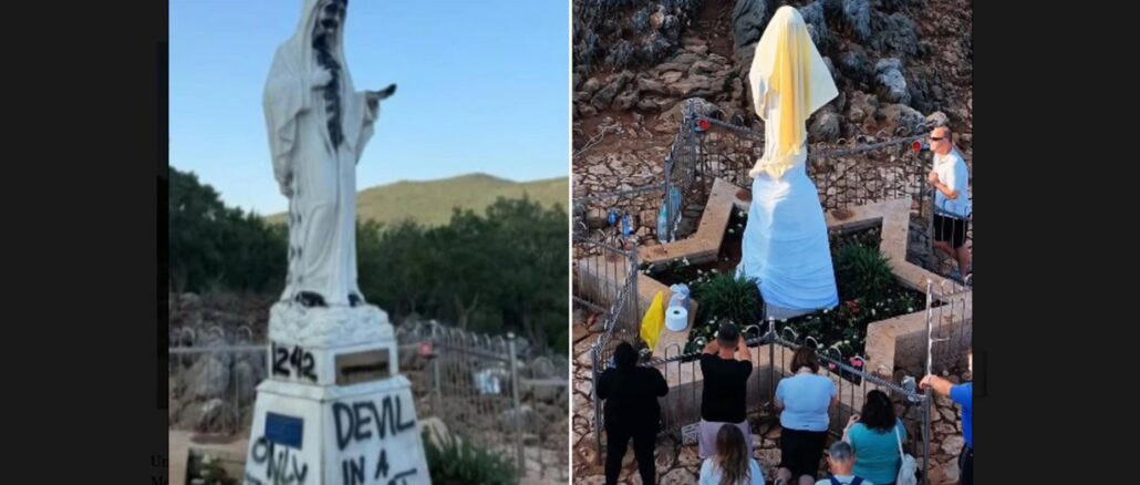 Die geschändete Marienstatue wurde umgehend verhüllt und es wurde mit den Reinigungsarbeiten begonnen